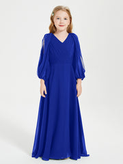 Robes de Demoiselle d'Honneur Junior à Manches Longues Modestes Bleu Royale