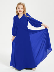 Robes de Demoiselle d'Honneur Junior à Manches Longues Modestes Bleu Royale