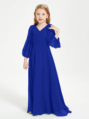Robes de Demoiselle d'Honneur Junior à Manches Longues Modestes Bleu Royale