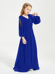 Robes de Demoiselle d'Honneur Junior à Manches Longues Modestes Bleu Royale