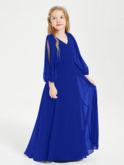 Robes de Demoiselle d'Honneur Junior à Manches Longues Modestes Bleu Royale