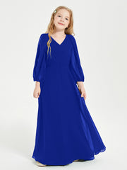 Robes de Demoiselle d'Honneur Junior à Manches Longues Modestes Bleu Royale