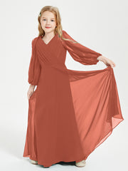 Robes de Demoiselle d'Honneur Junior à Manches Longues Modestes Rouille