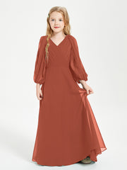 Robes de Demoiselle d'Honneur Junior à Manches Longues Modestes Rouille