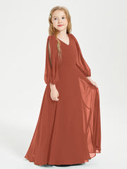 Robes de Demoiselle d'Honneur Junior à Manches Longues Modestes Rouille