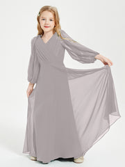 Robes de Demoiselle d'Honneur Junior à Manches Longues Modestes Argent