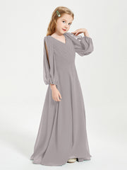 Robes de Demoiselle d'Honneur Junior à Manches Longues Modestes Argent