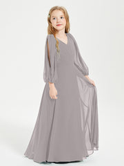 Robes de Demoiselle d'Honneur Junior à Manches Longues Modestes Argent