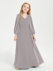 Robes de Demoiselle d'Honneur Junior à Manches Longues Modestes Argent