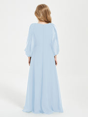 Robes de Demoiselle d'Honneur Junior à Manches Longues Modestes Bleu Ciel