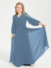 Robes de Demoiselle d'Honneur Junior à Manches Longues Modestes Bleu de Schiste