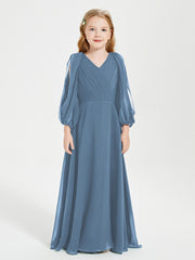 Robes de Demoiselle d'Honneur Junior à Manches Longues Modestes Bleu de Schiste