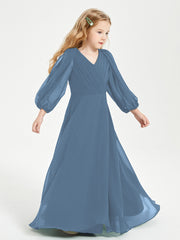 Robes de Demoiselle d'Honneur Junior à Manches Longues Modestes Bleu de Schiste
