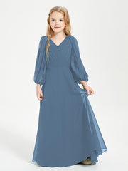 Robes de Demoiselle d'Honneur Junior à Manches Longues Modestes Bleu de Schiste