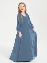 Robes de Demoiselle d'Honneur Junior à Manches Longues Modestes Bleu de Schiste