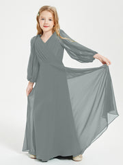 Robes de Demoiselle d'Honneur Junior à Manches Longues Modestes Gris Acier