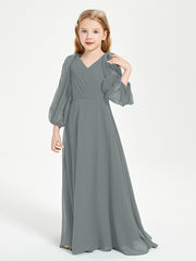 Robes de Demoiselle d'Honneur Junior à Manches Longues Modestes Gris Acier