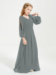 Robes de Demoiselle d'Honneur Junior à Manches Longues Modestes Gris Acier