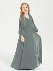 Robes de Demoiselle d'Honneur Junior à Manches Longues Modestes Gris Acier