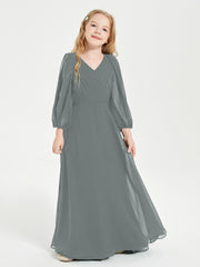 Robes de Demoiselle d'Honneur Junior à Manches Longues Modestes Gris Acier