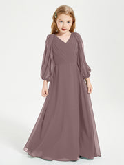 Robes de Demoiselle d'Honneur Junior à Manches Longues Modestes Vintage Mauve