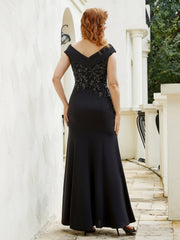 Robe de A-ligne en Mousseline à Perles et Col en V Noir