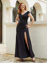 Robe de A-ligne en Mousseline à Perles et Col en V Noir Grande Taille