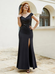Robe de A-ligne en Mousseline à Perles et Col en V Noir Grande Taille