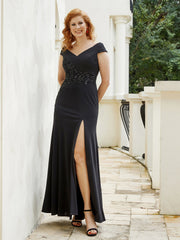 Robe de A-ligne en Mousseline à Perles et Col en V Noir
