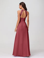 Licou Mousseline Robe Longue avec Bretelle Dentelle Cannelle Rose