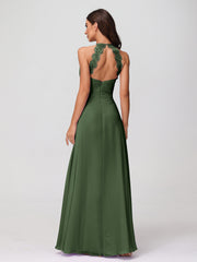 Licou Mousseline Robe Longue avec Bretelle Dentelle Olive Verte