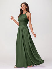 Licou Mousseline Robe Longue avec Bretelle Dentelle Olive Verte
