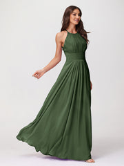 Licou Mousseline Robe Longue avec Bretelle Dentelle Olive Verte