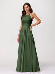 Licou Mousseline Robe Longue avec Bretelle Dentelle Olive Verte