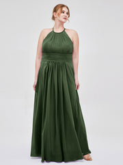 Licou Mousseline Robe Longue avec Bretelle Dentelle Olive Verte Grande Taille