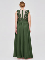 Robes Col d'illusion Mousseline et Dentelle Olive Verte