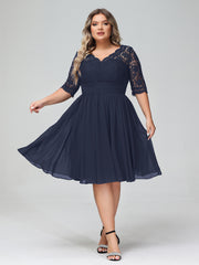 Dentelle et Mousseline Robe Courte avec Demi-Manches Bleu Marine Grande Taille
