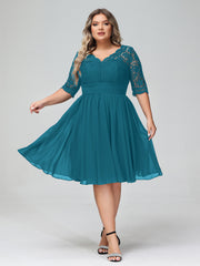 Dentelle et Mousseline Robe Courte avec Demi-Manches Bleu Encre Grande Taille