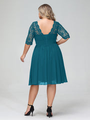 Dentelle et Mousseline Robe Courte avec Demi-Manches Bleu Encre Grande Taille