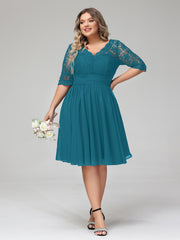 Dentelle et Mousseline Robe Courte avec Demi-Manches Bleu Encre Grande Taille