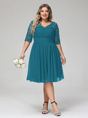 Dentelle et Mousseline Robe Courte avec Demi-Manches Bleu Encre Grande Taille