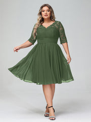Dentelle et Mousseline Robe Courte avec Demi-Manches Olive Verte Grande Taille