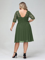 Dentelle et Mousseline Robe Courte avec Demi-Manches Olive Verte Grande Taille