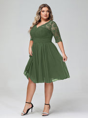 Dentelle et Mousseline Robe Courte avec Demi-Manches Olive Verte Grande Taille