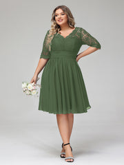 Dentelle et Mousseline Robe Courte avec Demi-Manches Olive Verte Grande Taille