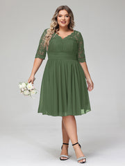 Dentelle et Mousseline Robe Courte avec Demi-Manches Olive Verte Grande Taille
