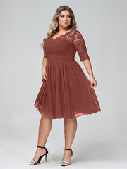 Dentelle et Mousseline Robe Courte avec Demi-Manches terracotta Grande Taille