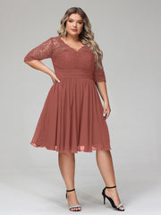 Dentelle et Mousseline Robe Courte avec Demi-Manches terracotta Grande Taille