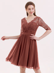 Dentelle et Mousseline Robe Courte avec Demi-Manches terracotta