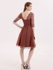 Dentelle et Mousseline Robe Courte avec Demi-Manches terracotta